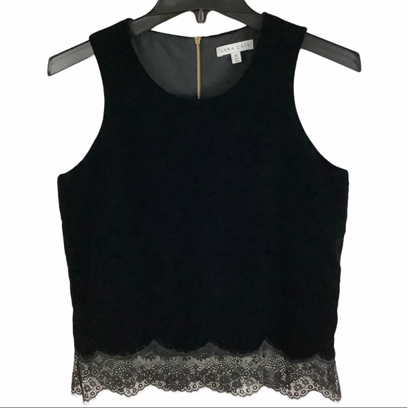 Anna Cate Tops - ANNA CATE Black Crushed Velvet Lace Hem Tank SZ-XS
